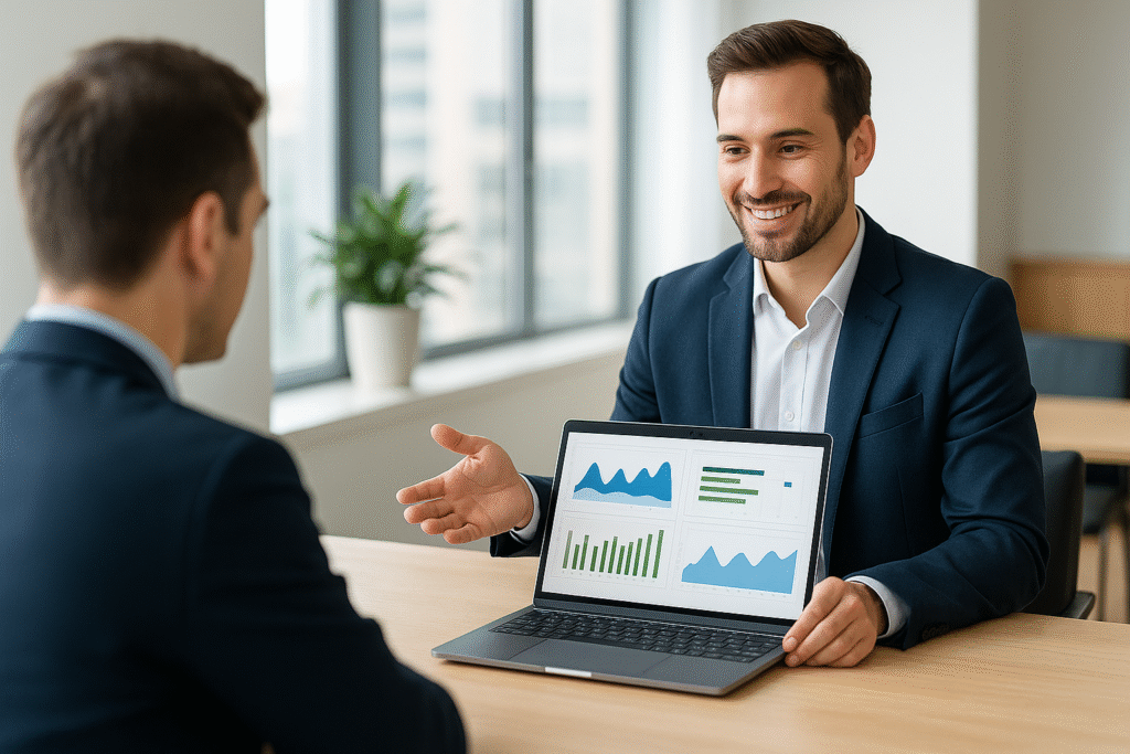 Professional Power BI developer presenting interactive business dashboards to a client in a modern office, representing Programmatic LLC’s data analytics expertise.